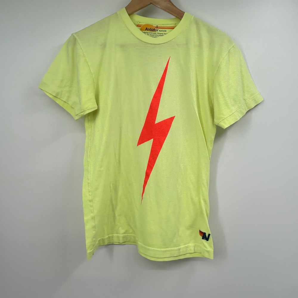 Aviator Nation Rad Energy Crew Tee Neon Yellow Lightning Bolt Graphic Shirt S